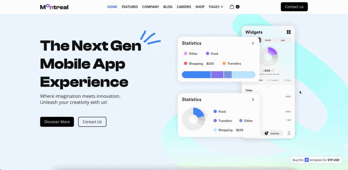 A gif preview of the Montreal Webflow SaaS template made by Wedoflow