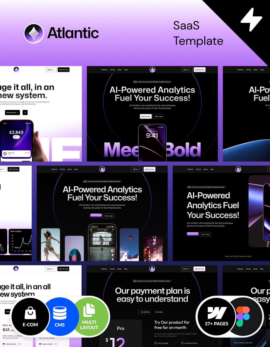 Multilayout Webflow SaaS template, dark theme Webflow template. Dark theme template made in Webflow – Atlantic