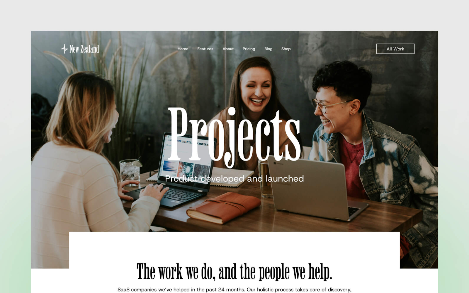 The projects page of the New Zealand Webflow Agency template showing three people laughing on the background