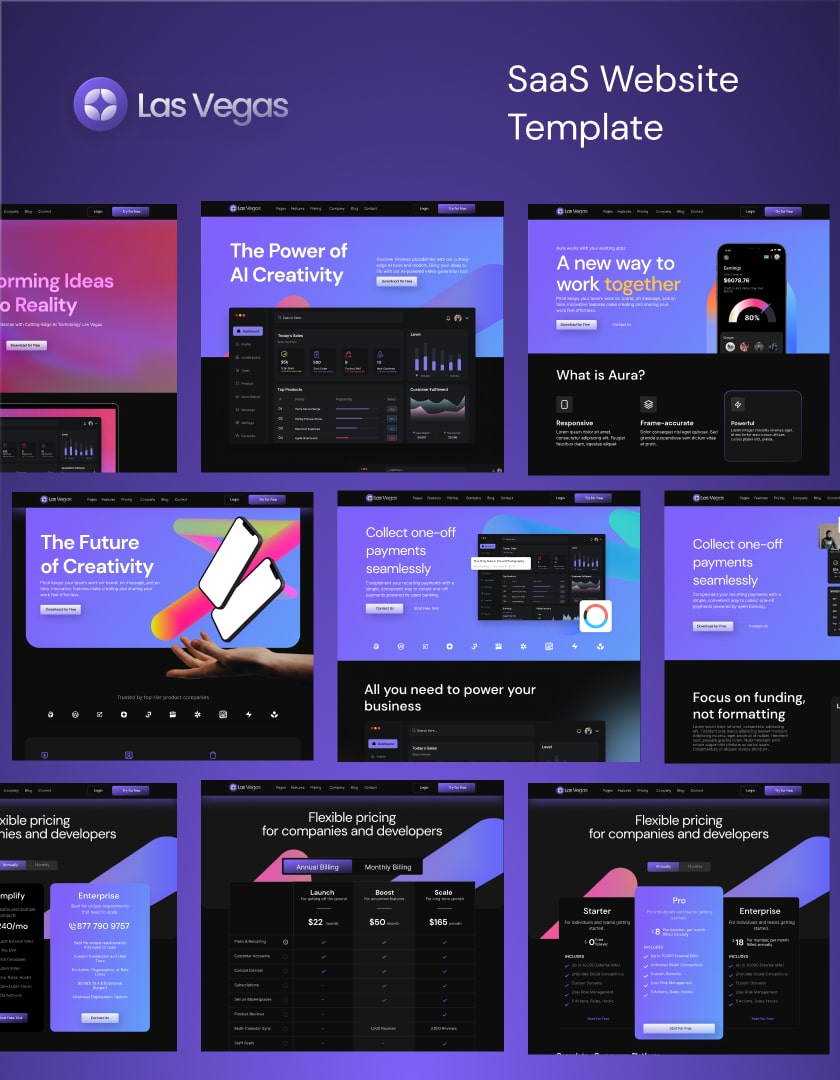 Multilayuot Webflow SaaS template, dark theme design, made in Webflow