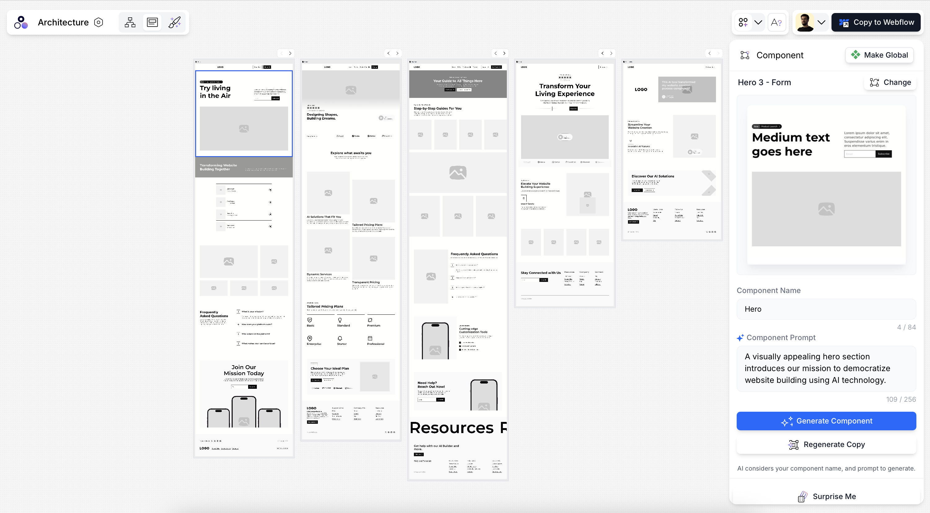 Modulify AI genereting a website. Modulify wireframes