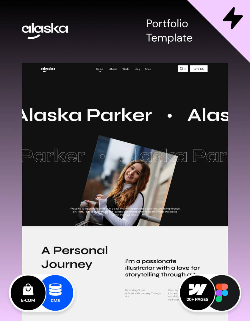 Webflow portfolio template called Alaska, made in Webflow. Personal portfolio website