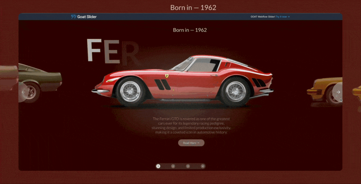 A gif preview of the Cars Slider demo - showing ferrari, porsche and bmw cars on slide