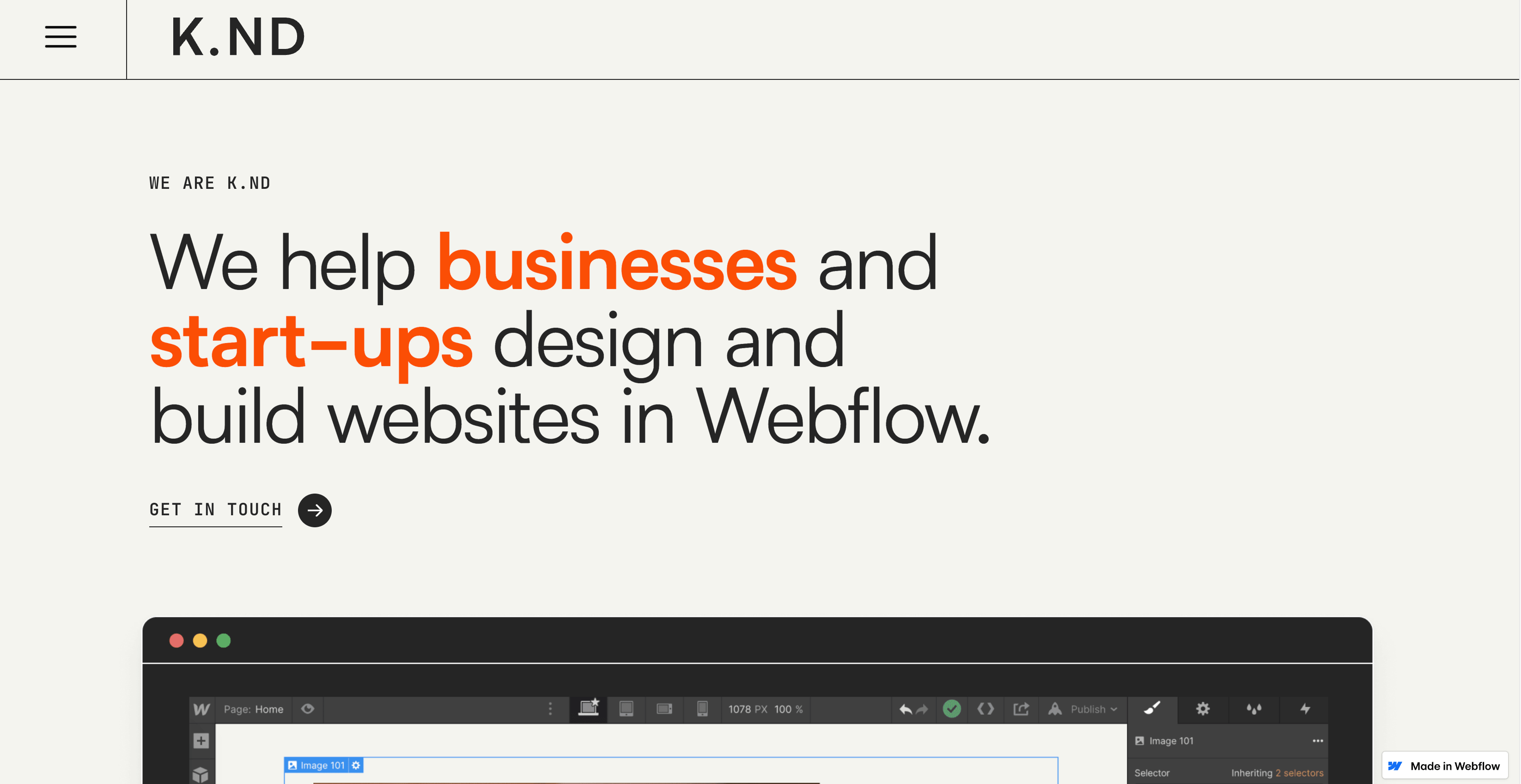 Screenshot of KND Agency's  free Webflow template homepage, featuring a clean and minimalist design with a hero section containing the company logo, tagline, and a call to action button.