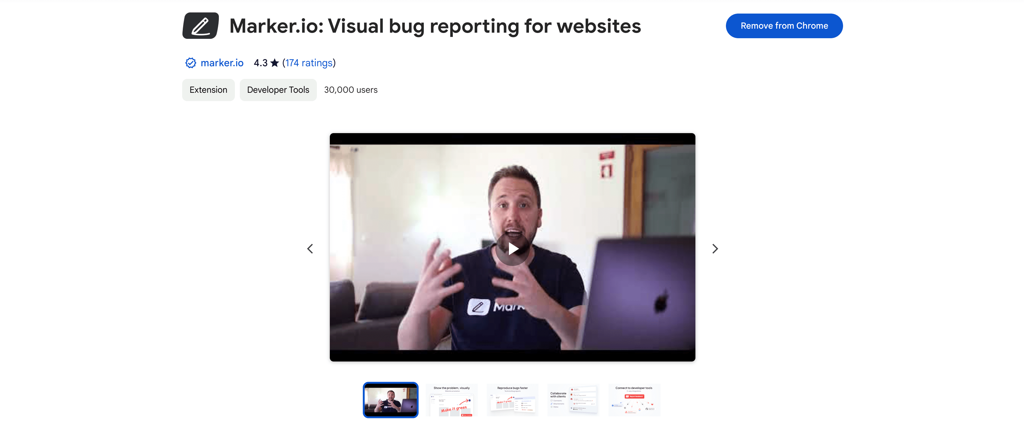 A screenshot of the Marker.io chrome extension inside the chrome extensions library 