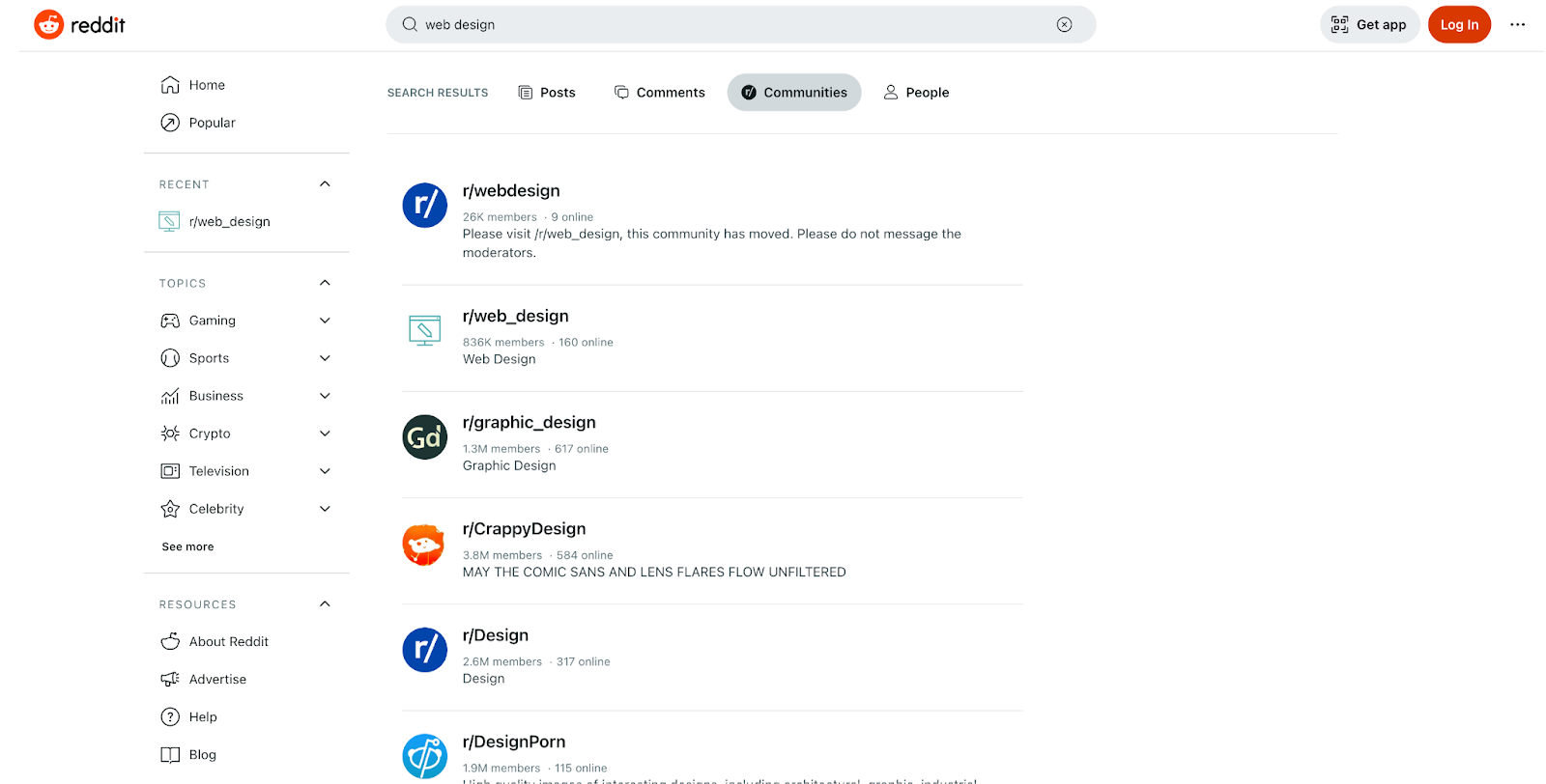 A Reddit's page showing search results of web design communities 