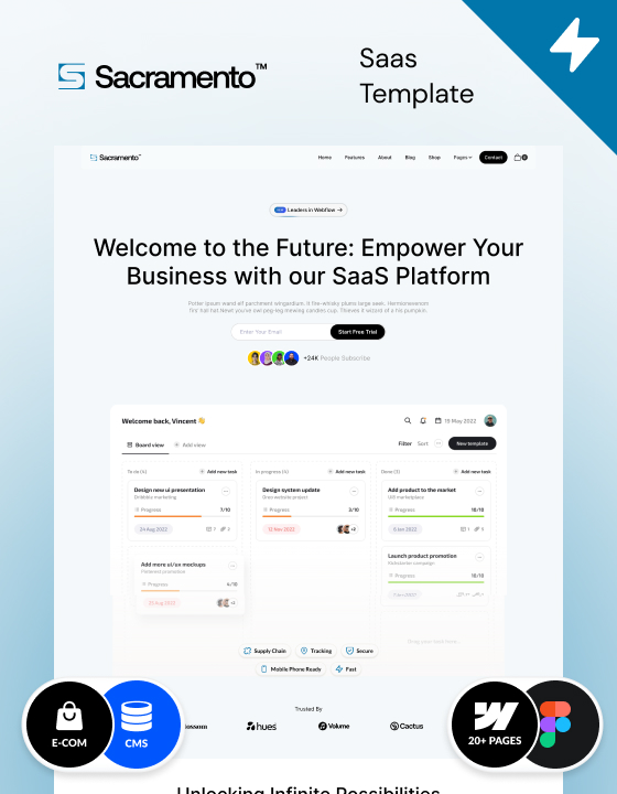 Modern Webflow SaaS template – Sacramento, made in Webflow.