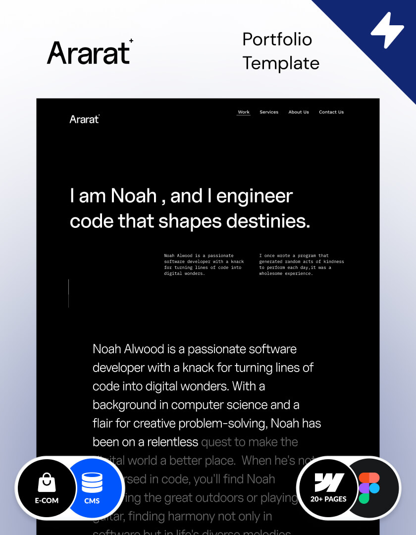 Webflow Portfolio template, dark theme, made in Webflow