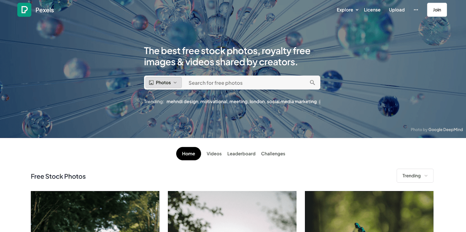Pexel's homepage view showing a search bar in the middle and written the best free stock photos above it 