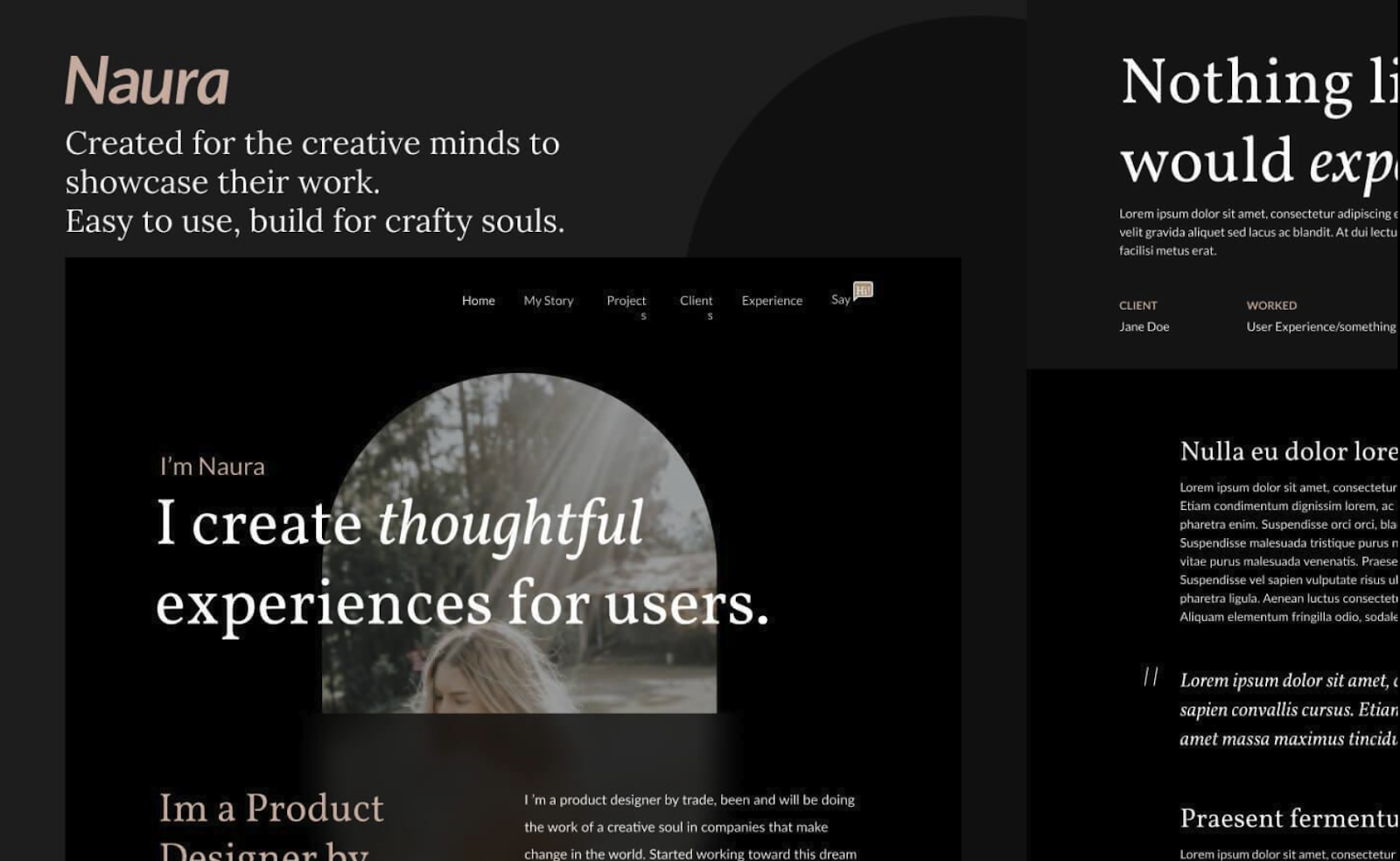 I create thoughful experiences - message written in the hero section of the Naura portfolio one-pager template 