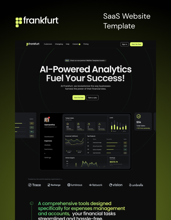 Premium Webflow SaaS template, dark theme, made in Webflow