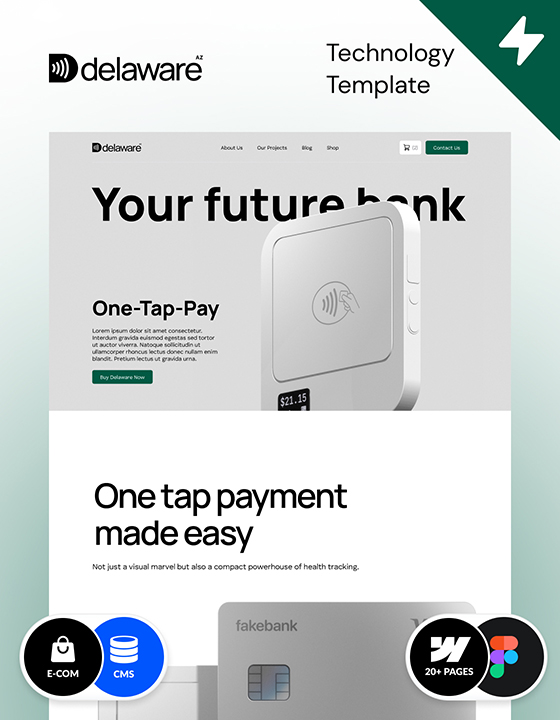 Webflow SaaS template called Delaware. Webflow finance template for financial organizations