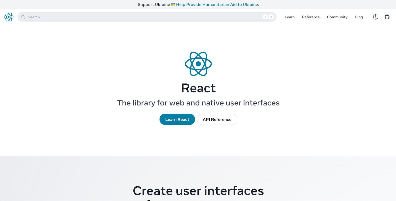 React's homepage screenshot - "The library for web and native user interfaces" 