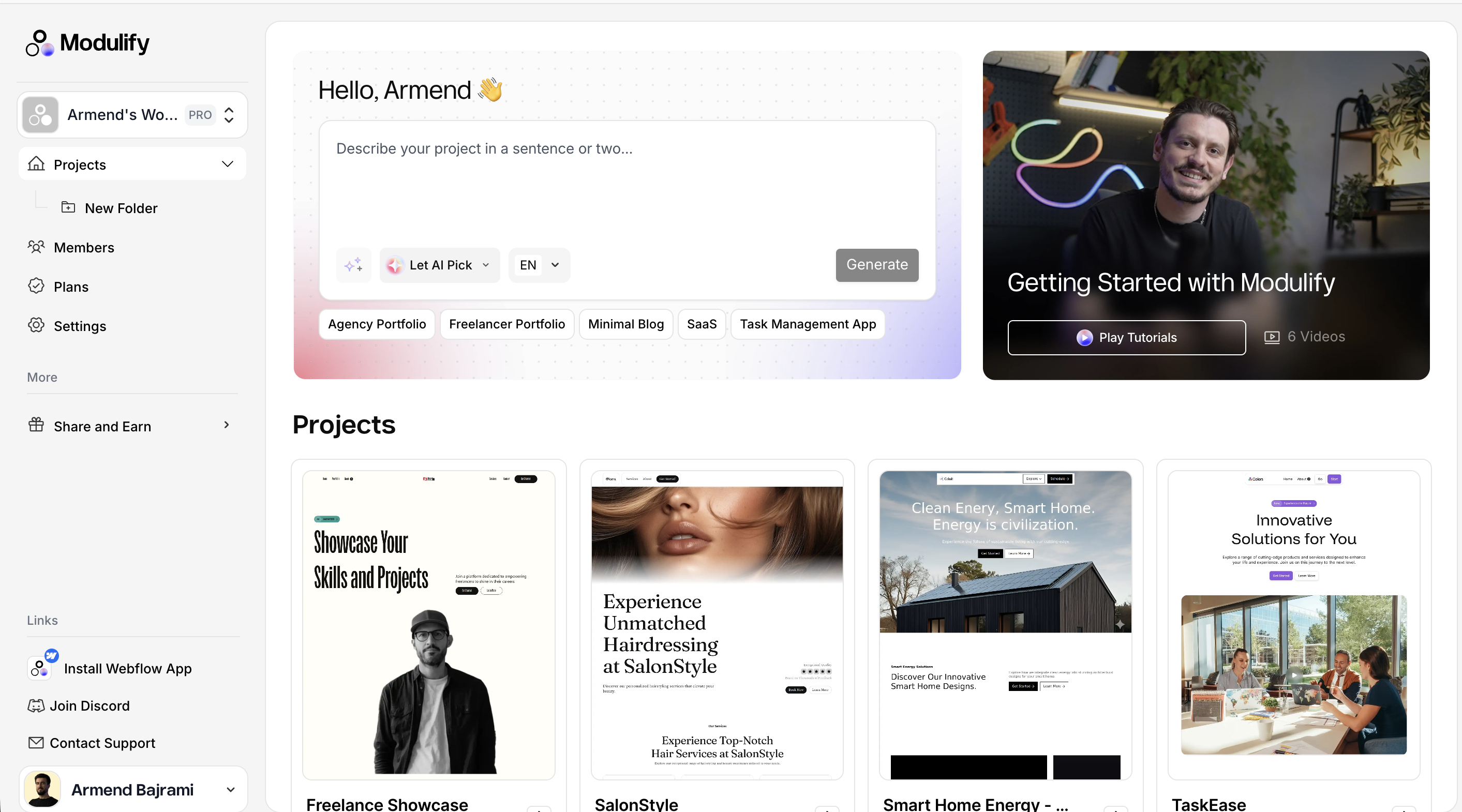 Modulify website builder dashboard and more